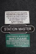 A cast iron station master plaque and two further cast iron railway notices