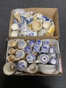 Two boxes of assorted china - Ringtons ware, willow pattern dinner ware,