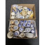 Two boxes of assorted china - Ringtons ware, willow pattern dinner ware,