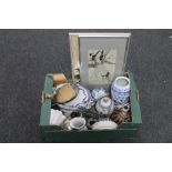 A box of miscellaneous - Japanese prints, blue and white tureen,