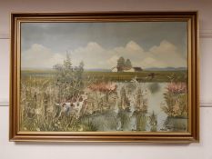 Continental school : Dog and ducks amongst reeds, oil on canvas,