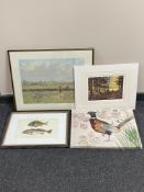 A black and gilt framed signed hunting print, an unframed watercolour - stags in forest,