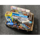 A box of mid 20th century and later toys : Hawk clockwork speed boat, plastic modelling kits,