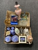 Two boxes of assorted glass ware, Bohemian glass bowl, pottery table lamps,