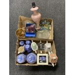 Two boxes of assorted glass ware, Bohemian glass bowl, pottery table lamps,