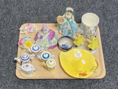 A tray of continental figures, Royal Doulton figure - Chloe, miniature teapot,