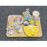 A tray of continental figures, Royal Doulton figure - Chloe, miniature teapot,