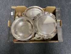 A box of plated wares, trays, comports, entree dish,