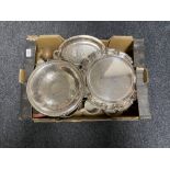 A box of plated wares, trays, comports, entree dish,