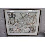 A framed Saxtons map of Leicestershire in 1576, in Hogarth frame,