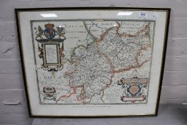 A framed Saxtons map of Leicestershire in 1576, in Hogarth frame,