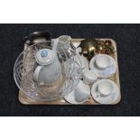 A tray of lead crystal bowl, Viners plated milk jug, glass ware,