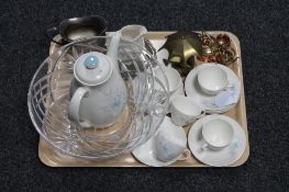 A tray of lead crystal bowl, Viners plated milk jug, glass ware,