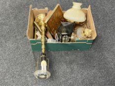 A box of mid 20th century wall clock with weights, brass table lamp,