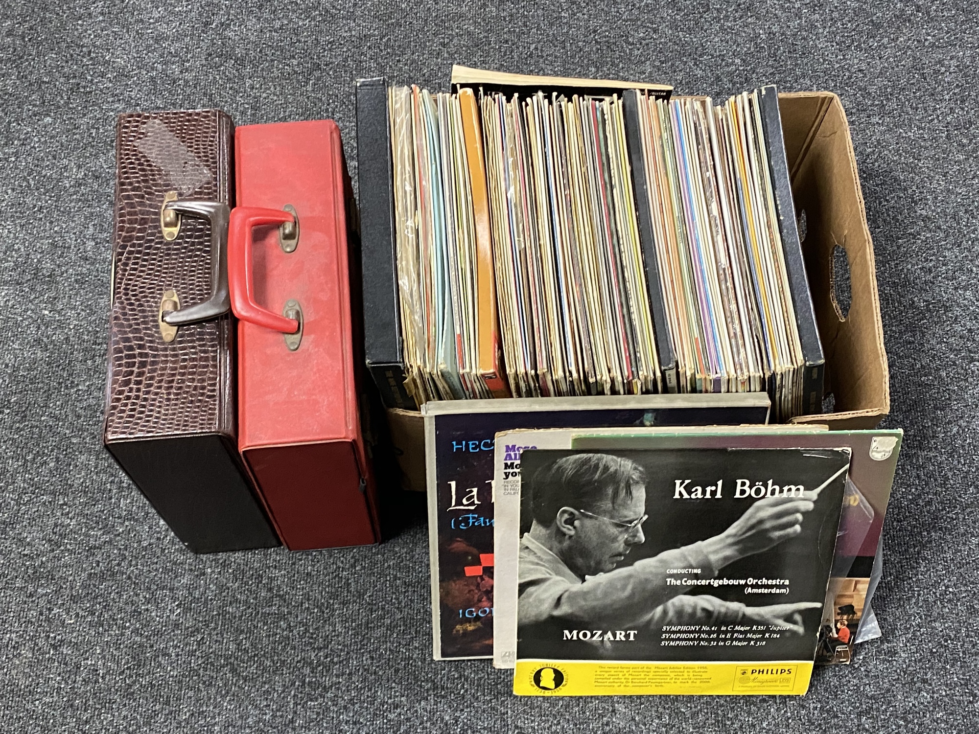 A large box of mainly classical and jazz LP records and two cases of 78s