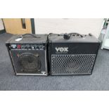 A Vaux Valvetronix guitar amplifier and a Torque Acoustics T12 guitar amplifier