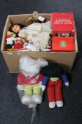 A box of mid 20th century and later dolls, soft toys,