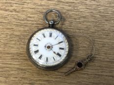 A continental silver fob watch with enamelled dial,