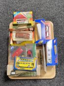 A tray of late 20th century boxed die cast cars - Corgi buses and cars,