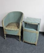 A painted loom basket chair and bedside cabinet