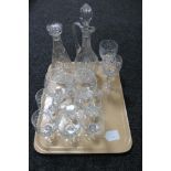 A tray of assorted glass ware - brandy glasses, decanters,