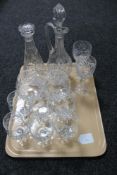 A tray of assorted glass ware - brandy glasses, decanters,