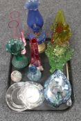 A tray of 20th century glass ware - ash trays, oil lamp,