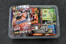 A box of Dr Who toys, WWF magazines,