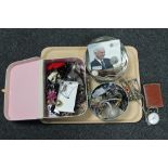 A tray of assorted costume jewellery, Royal Mint Sir Bobby Robson commemorative medal, stop watch,