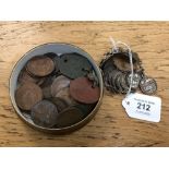 A tub containing coin bracelet, pre-decimal coins,