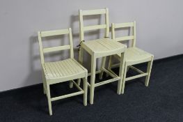 A painted kitchen high chair and pair of kitchen chairs