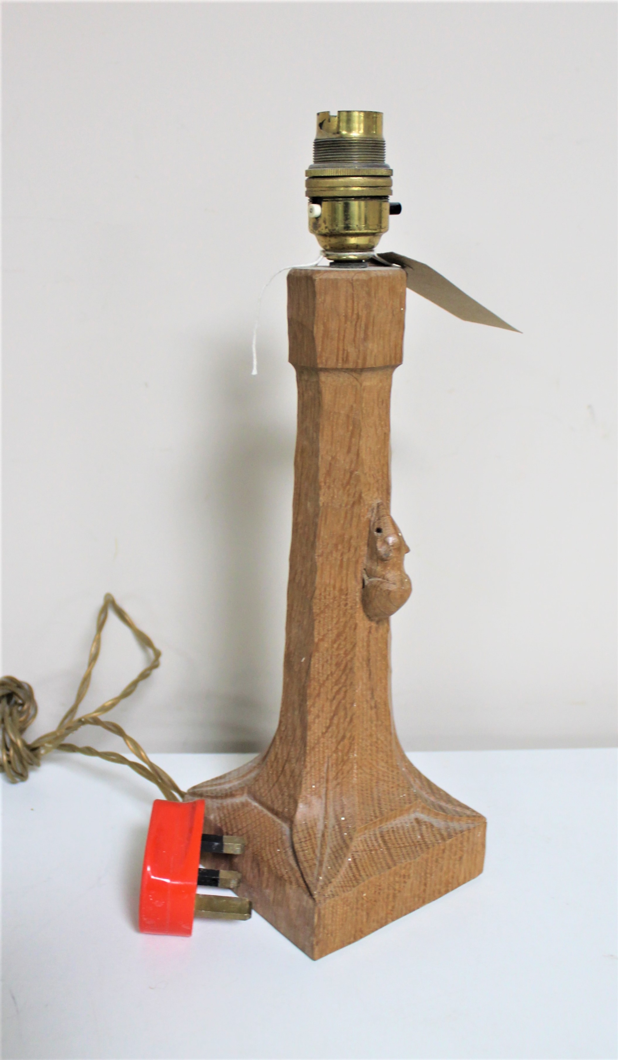 A Robert "Mouseman" Thompson of Kilburn oak table lamp on square base, height 26 cm.