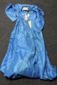 A 19th century blue silk dress, with black trim to sleeves and neckline, lined, buttons missing.