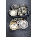 A box containing a quantity of antique plated wares and a further serving tray