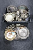 A box containing a quantity of antique plated wares and a further serving tray