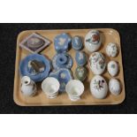 A tray of nine pieces of Wedgwood china - decorative eggs and vases,