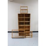 Two sets of pine open shelves,