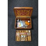 A Victorian birch sewing box with contents
