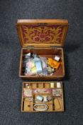 A Victorian birch sewing box with contents