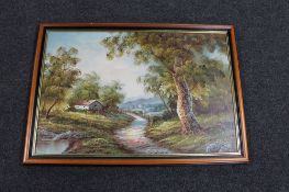 A framed oil on canvas, path through a rural landscape,