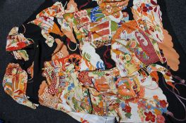 A furisode kimono and obi - The long-sleeved kimono with bold overall design of festival carts and