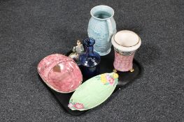 A tray of Maling vase and swing handled basket, Arthur wood vase,