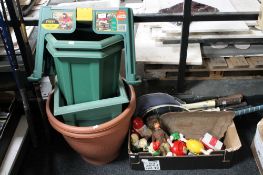 Five plastic garden planters, garden kneeler, further box of hand painted garden gnomes,