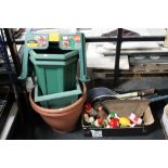 Five plastic garden planters, garden kneeler, further box of hand painted garden gnomes,