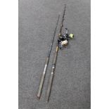 Two boat rods together with three reels - Mitchell 624 multiplier and two fixed spool reels