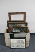 A box of assorted frames pictures, prints, oil, mahogany framed mirror,