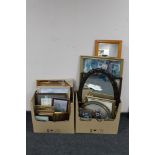 Two boxes of assorted framed pictures, prints, mirrors,