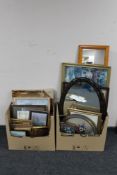 Two boxes of assorted framed pictures, prints, mirrors,