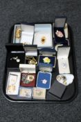A tray of assorted boxed costume jewellery, Chronometer pocket watch, Freemasons badge,