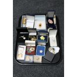 A tray of assorted boxed costume jewellery, Chronometer pocket watch, Freemasons badge,